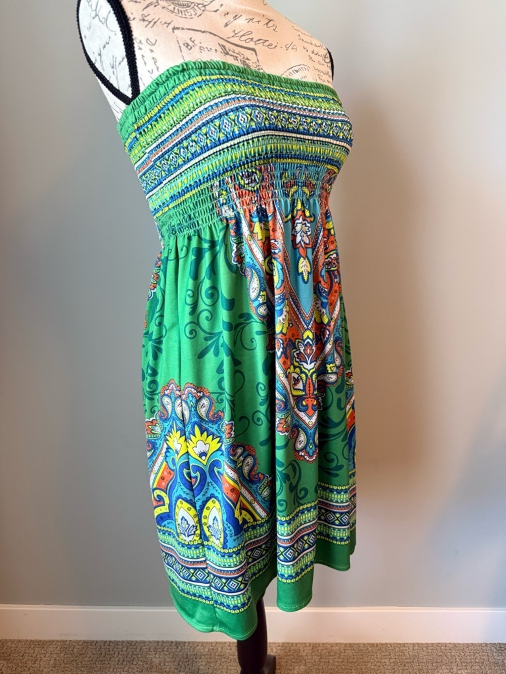 Flying Tomato Strapless Boho Mini Dress Smocked Paisley Green M - Picture 4 of 6